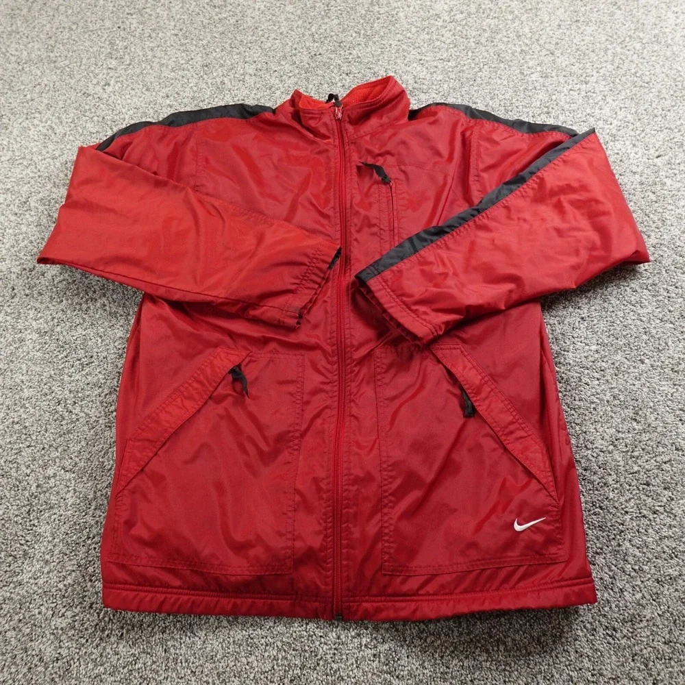 VTG Nike Jacket Mens M Red Swoosh Fleece Lined Zip Track Windbreaker Coat‎ Y2K